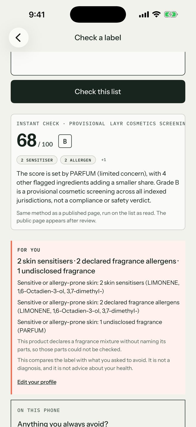 The Layr app checking a pasted ingredient list: a provisional score of 68 out of 100, and the fragrance allergens it found.